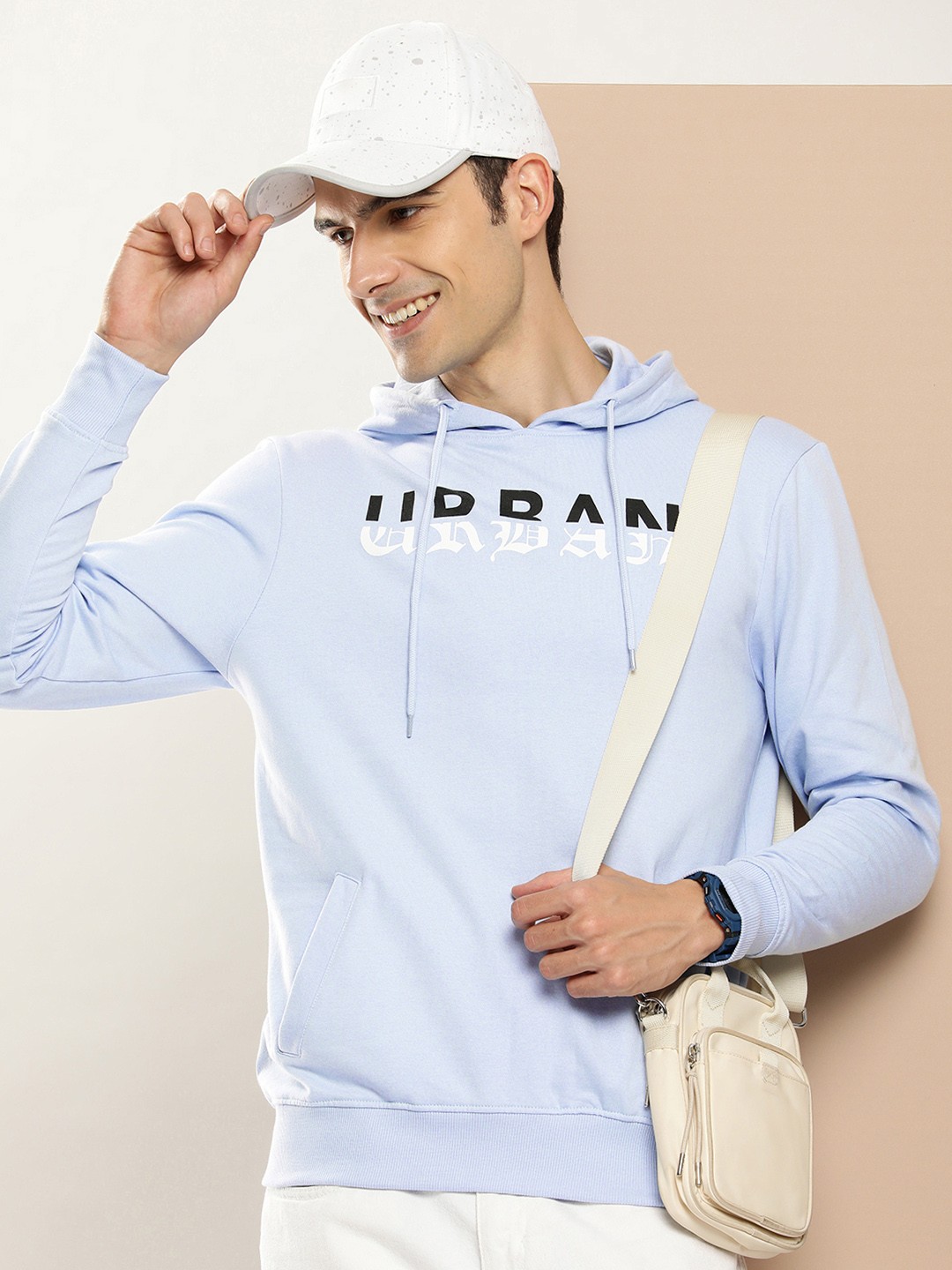 

HERE&NOW Pure Cotton Typography Printed Hooded Sweatshirt, Blue