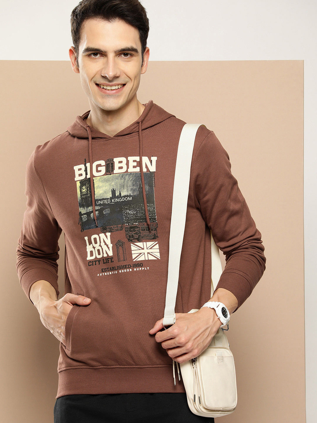 

HERE&NOW Graphic Printed Pure Cotton Hooded Sweatshirt, Brown