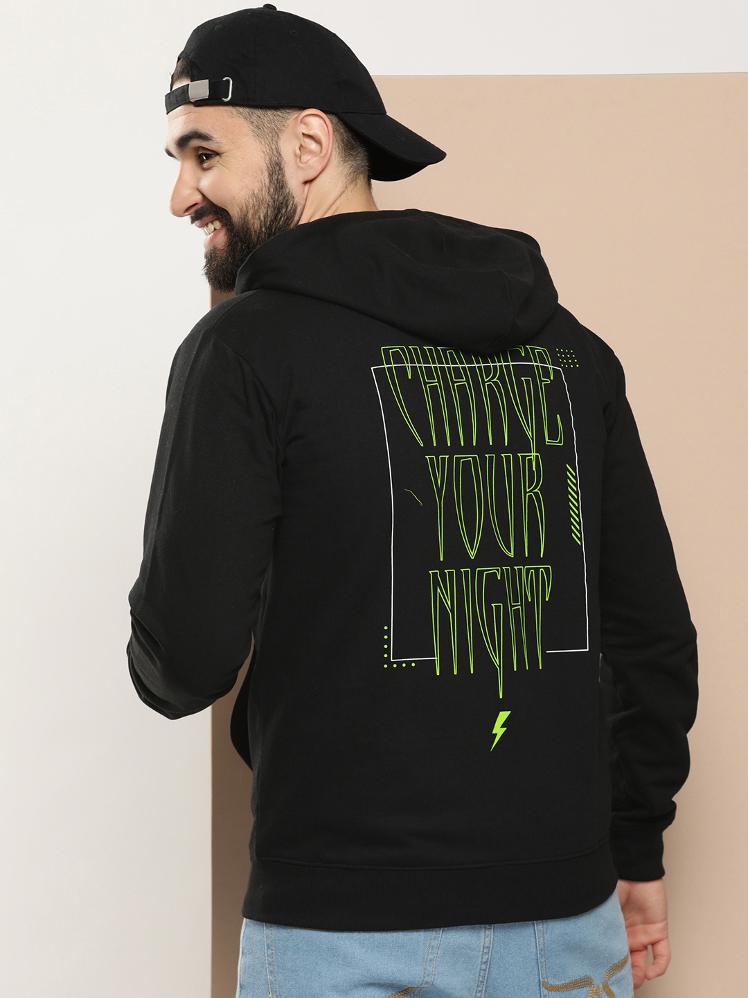 

HERE&NOW Typography Printed Front Open Hooded Sweatshirt, Black