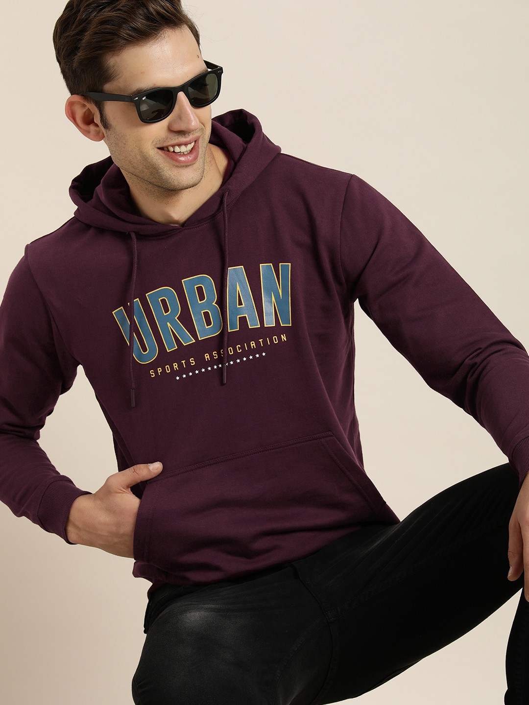 

HERE&NOW Full Sleeves Typography Printed Hooded Sweatshirt, Burgundy