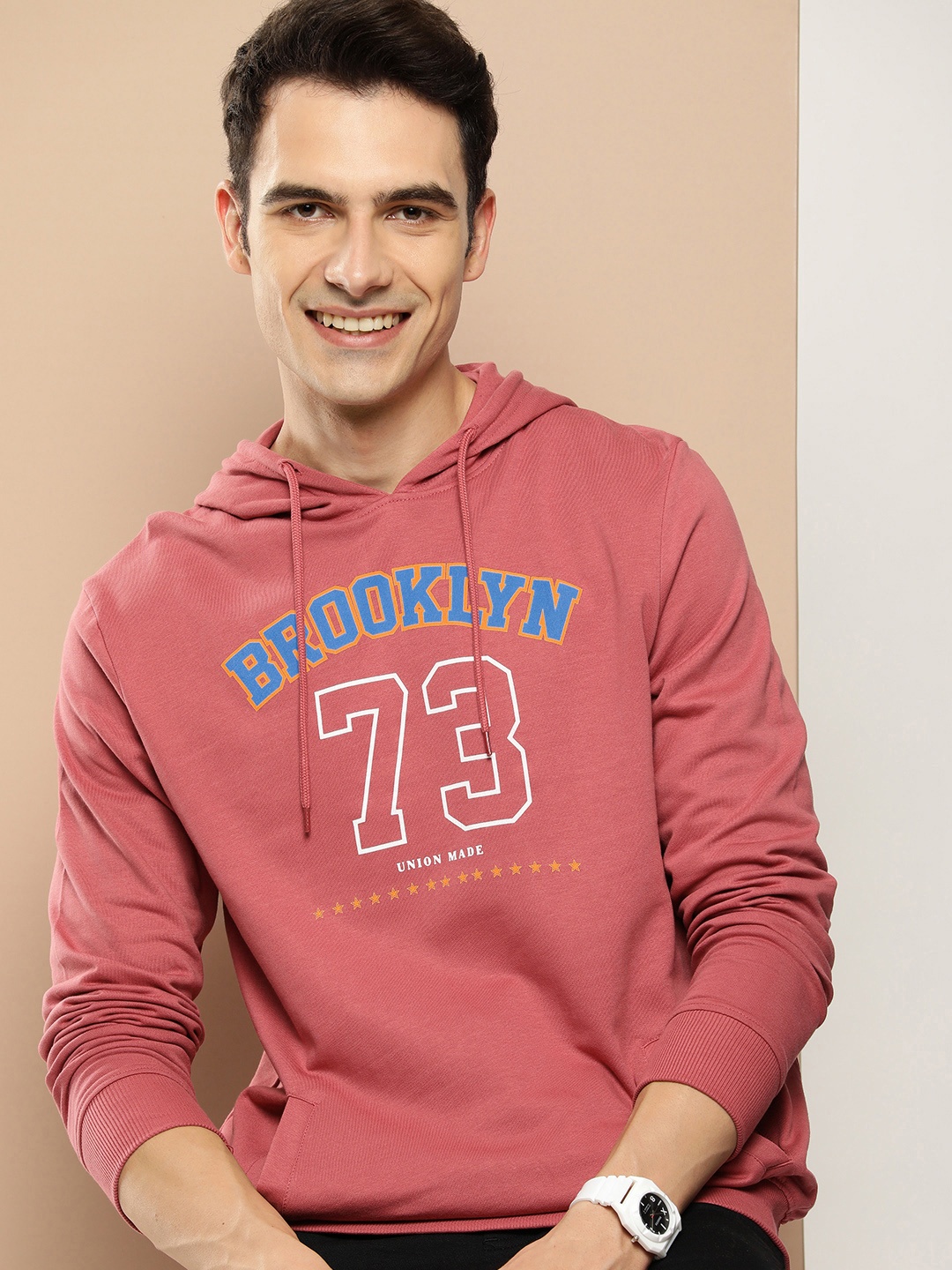 

HERE&NOW Typography Printed Pure Cotton Hooded Sweatshirt, Coral