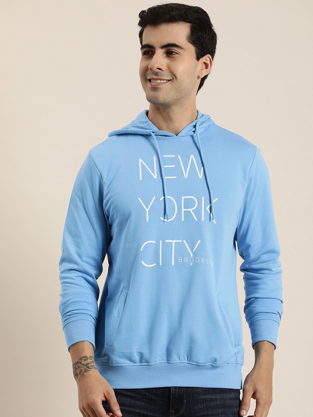 

HERE&NOW Pure Cotton Printed Hooded Sweatshirt, Blue