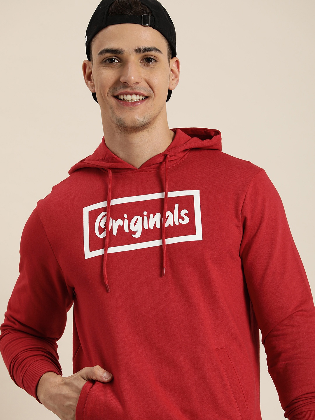 

HERE&NOW Men Pure Cotton Printed Hooded Sweatshirt, Red