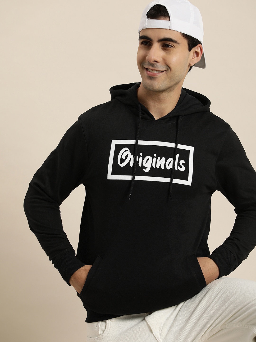 

HERE&NOW Men Pure Cotton Printed Hooded Sweatshirt, Black