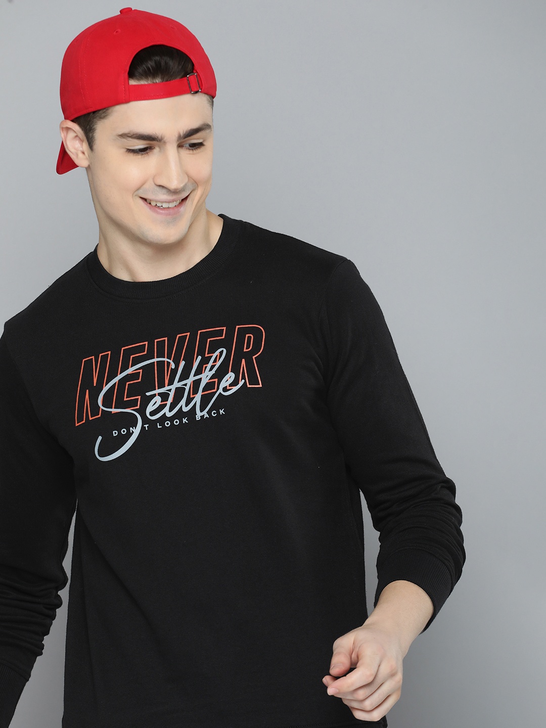 

HERE&NOW Men Pure Cotton Printed Hooded Sweatshirt, Black