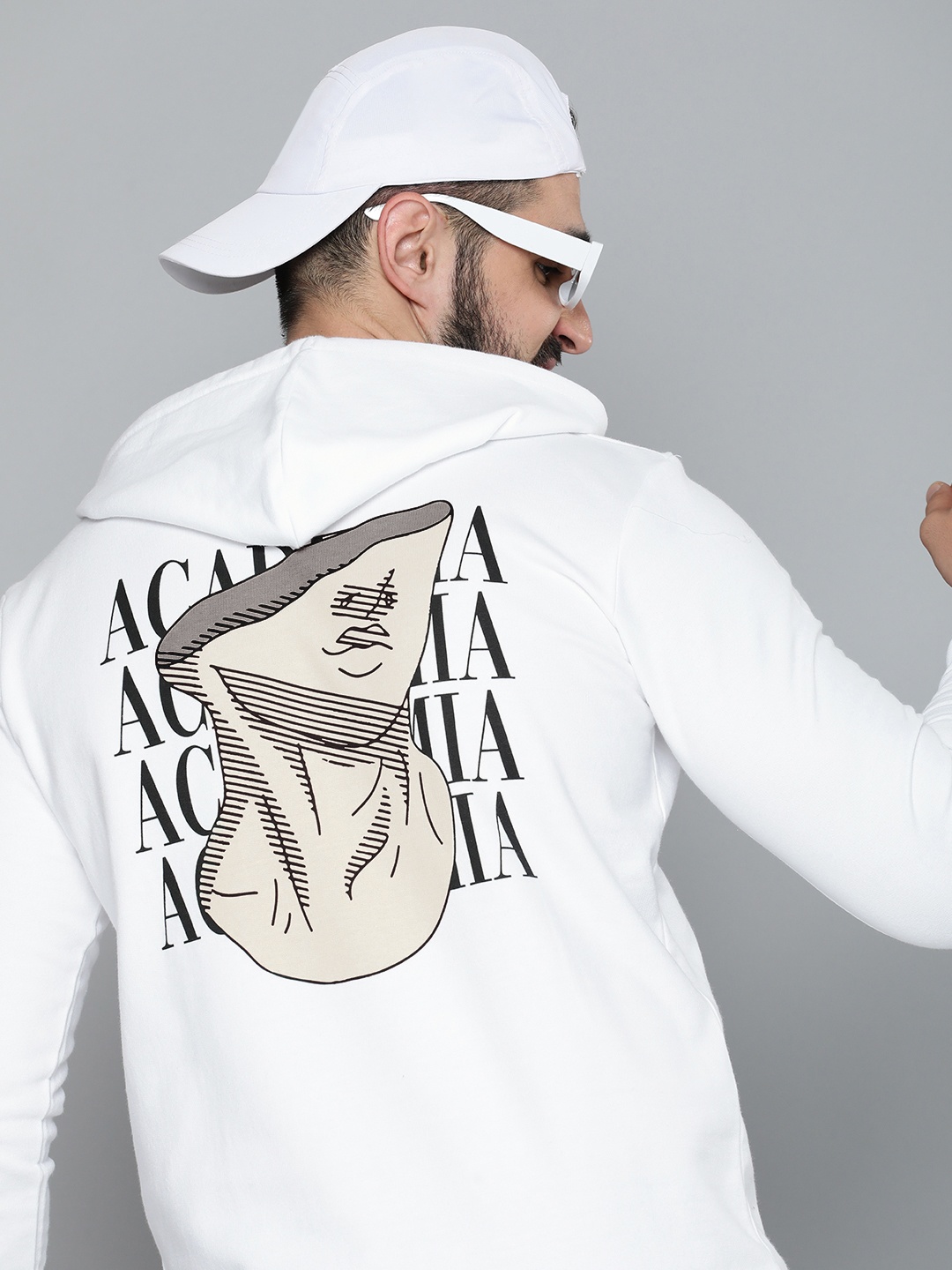 

HERE&NOW Men Pure Cotton Printed Hooded Sweatshirt, White