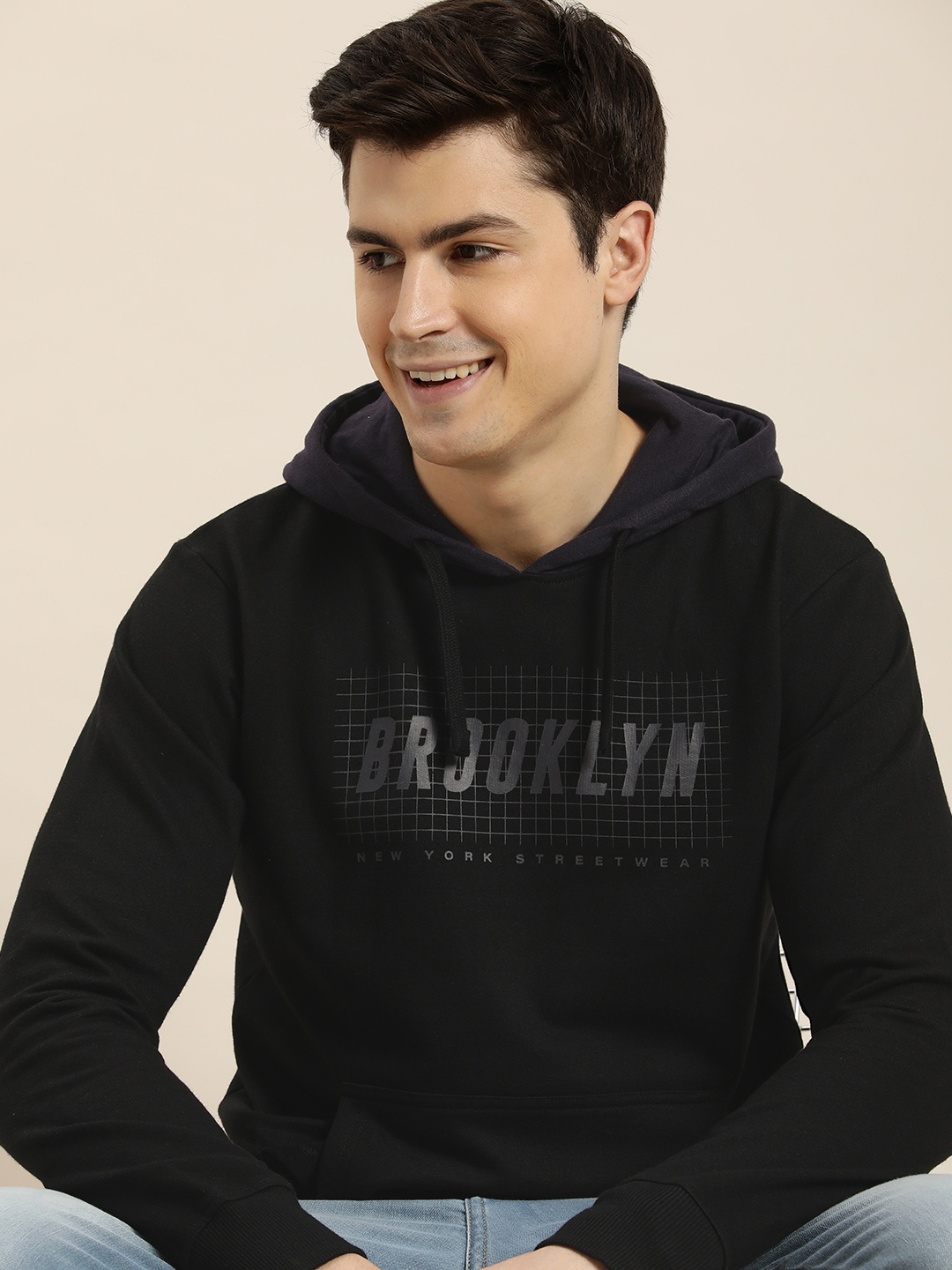 

HERE&NOW Men Pure Cotton Typography Printed Hooded Sweatshirt, Black