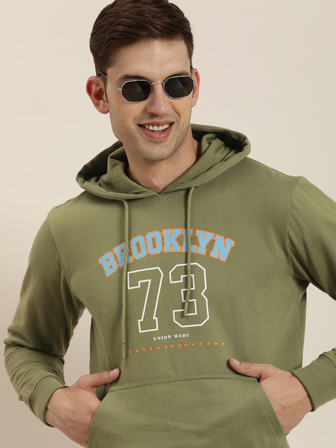 

HERE&NOW Typography Printed Full Sleeves Hooded Sweatshirt, Olive