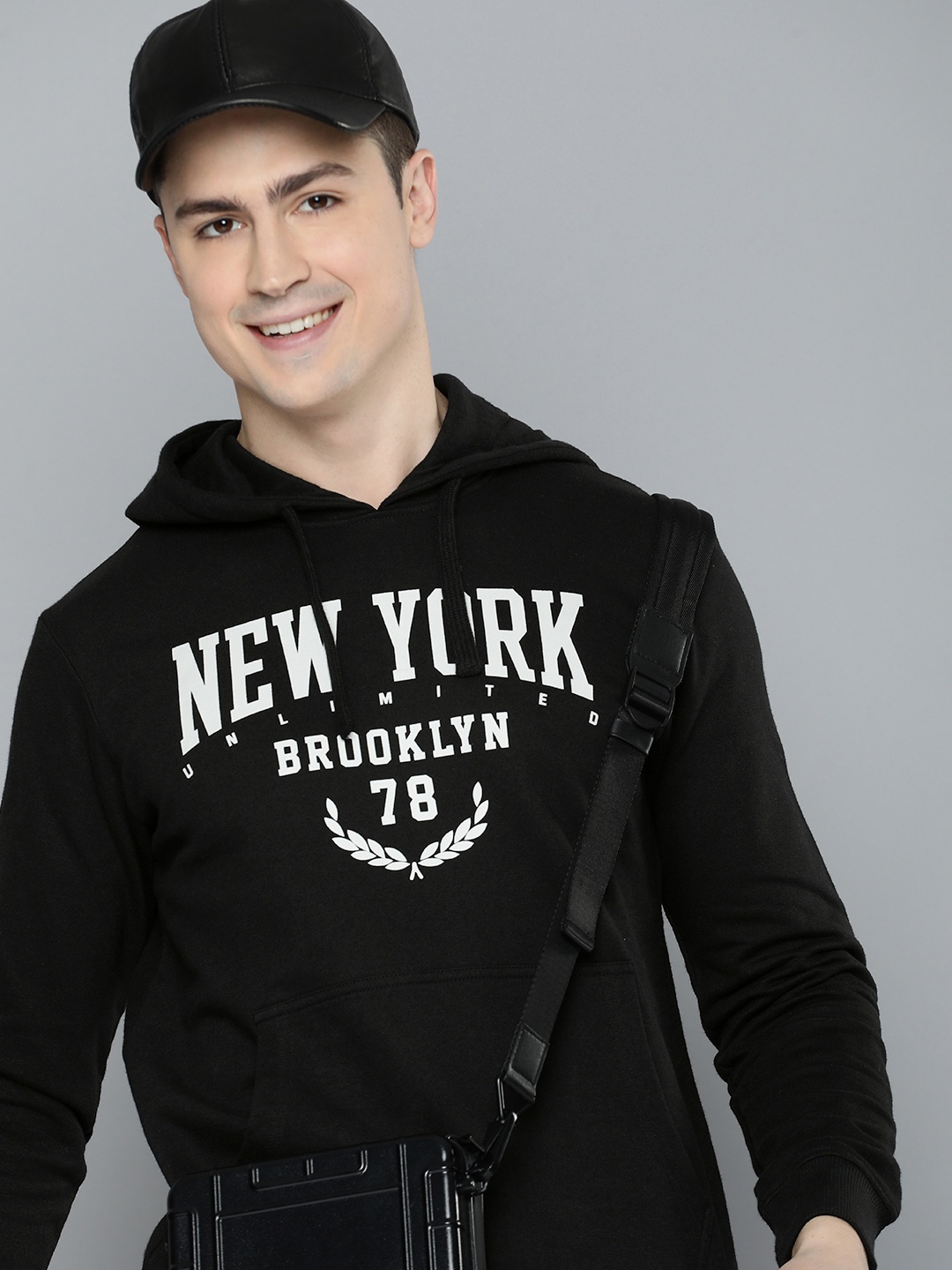 HERE&NOW Men Pure Cotton Printed Hooded Sweatshirt, Black