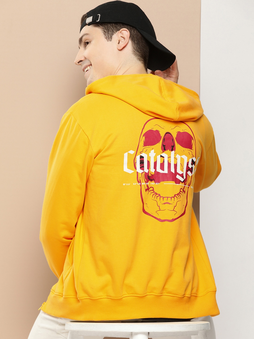 

HERE&NOW Graphic Printed Hooded Front-Open Sweatshirt, Yellow