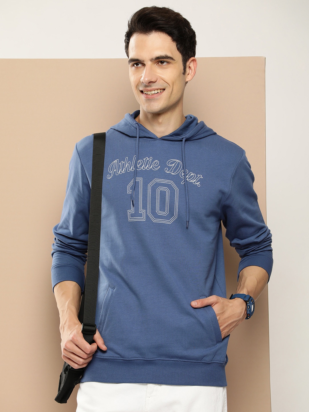 

HERE&NOW Pure Cotton Typography Printed Hooded Sweatshirt, Navy blue
