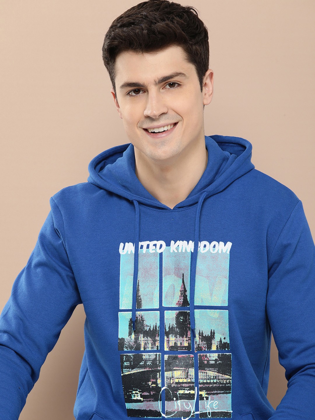 

HERE&NOW Pure Cotton Printed Hooded Sweatshirt, Blue