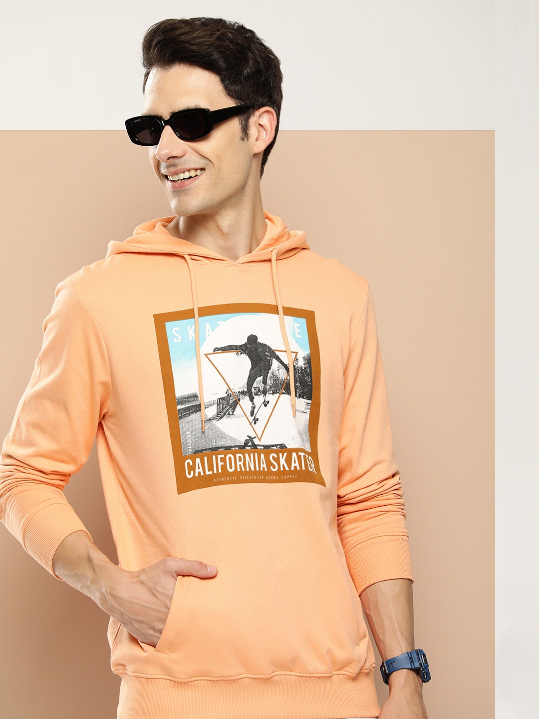 

HERE&NOW Pure Cotton Graphic Printed Hooded Sweatshirt, Peach