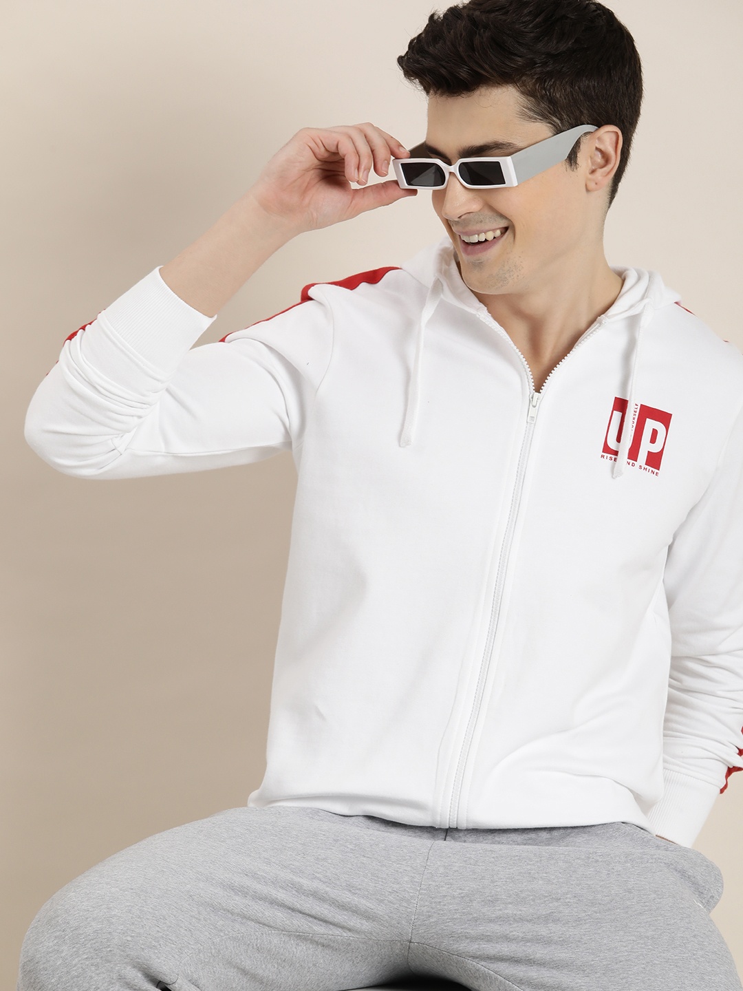 

HERE&NOW Printed Hooded Pure Cotton Front-Open Sweatshirt, White
