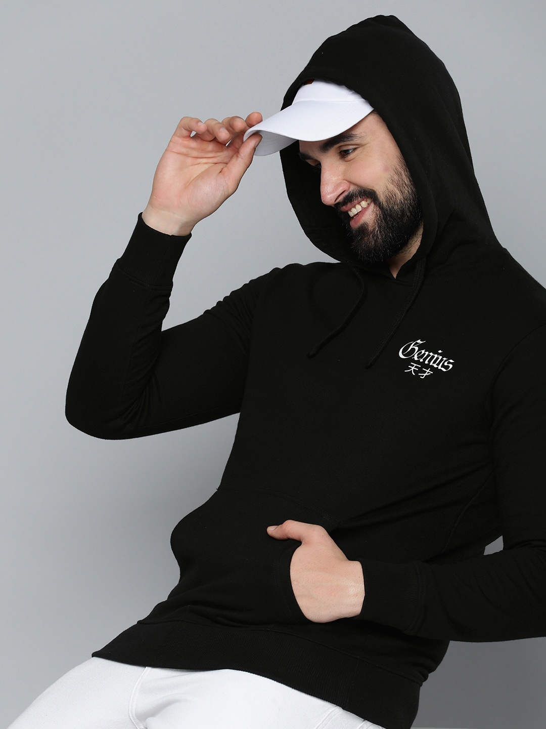 

HERE&NOW Men Pure Cotton Solid Hooded Sweatshirt With Placement Print, Black
