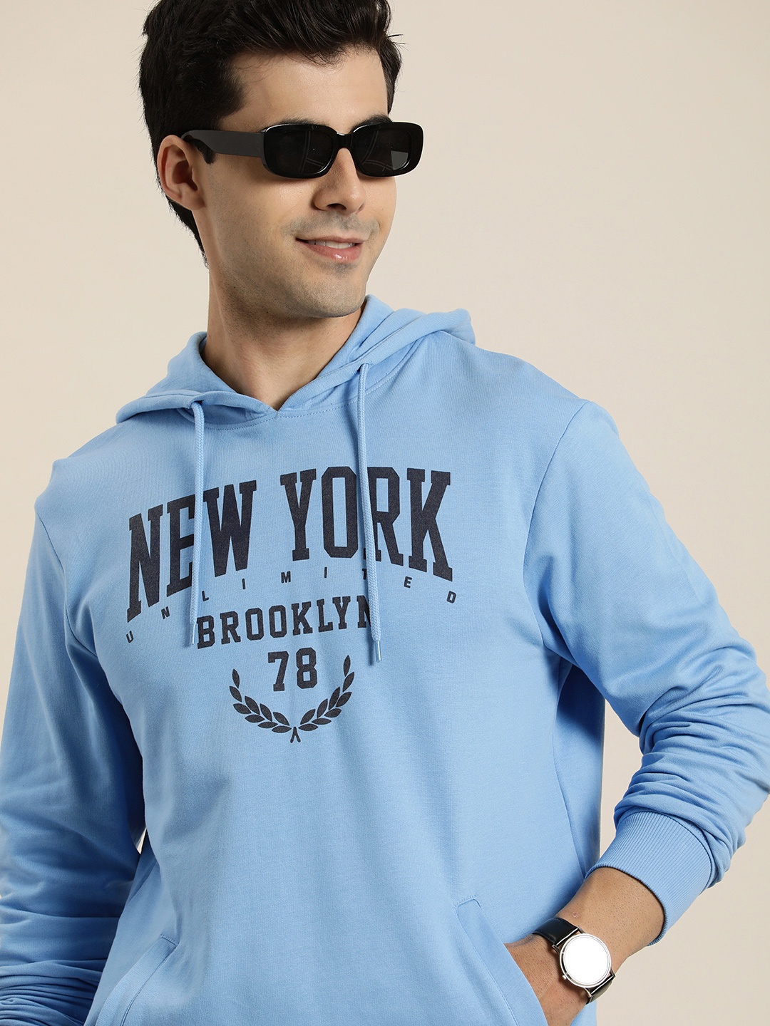 

HERE&NOW Men Pure Cotton Printed Hooded Sweatshirt, Blue