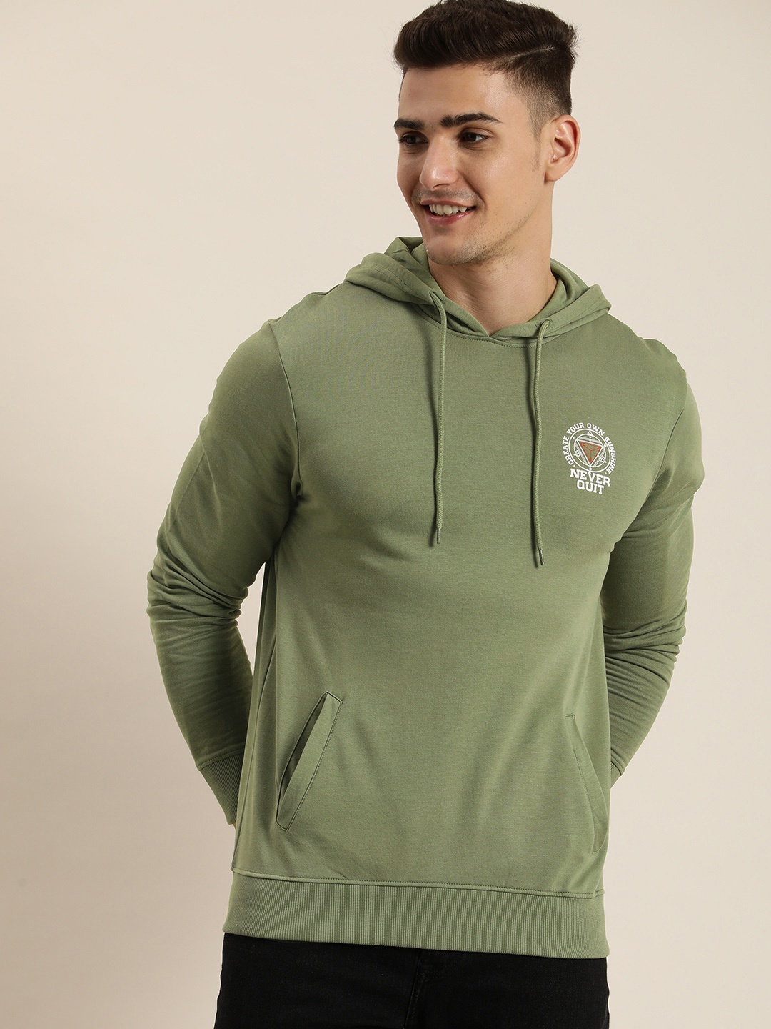 

HERE&NOW Pure Cotton Printed Hooded Sweatshirt, Green