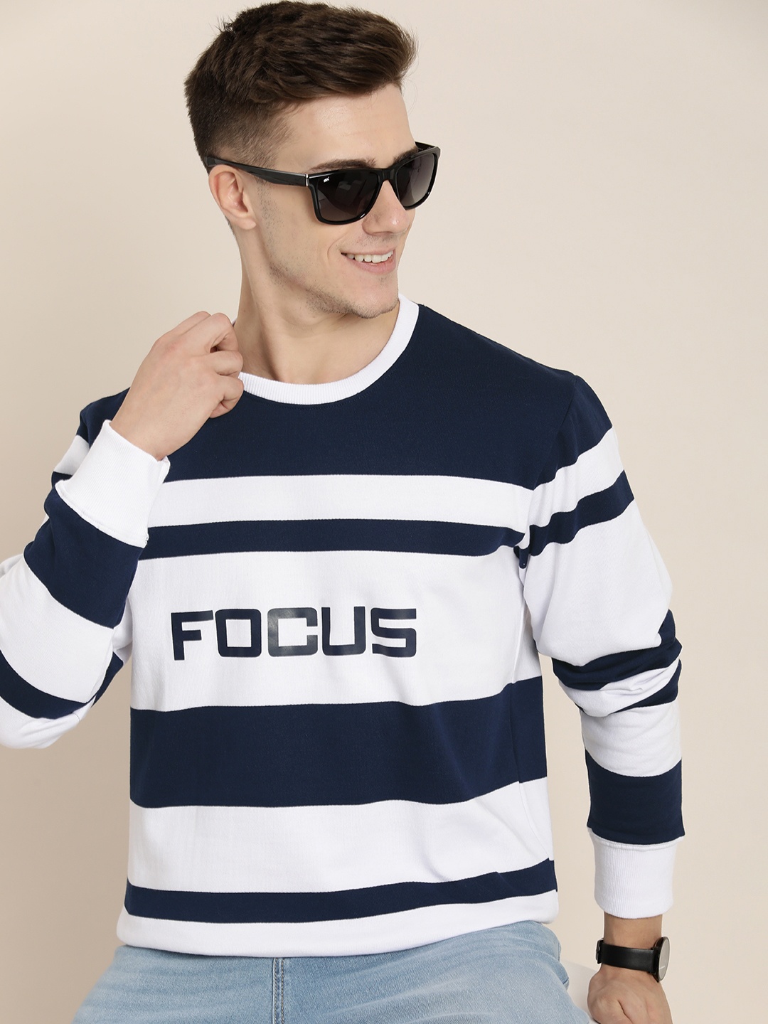 

HERE&NOW Round Neck Typography & Striped Sweatshirt, Navy blue