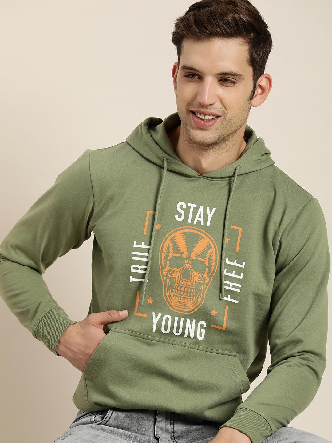 

HERE&NOW Full Sleeves Typography Printed Hooded Sweatshirt, Olive