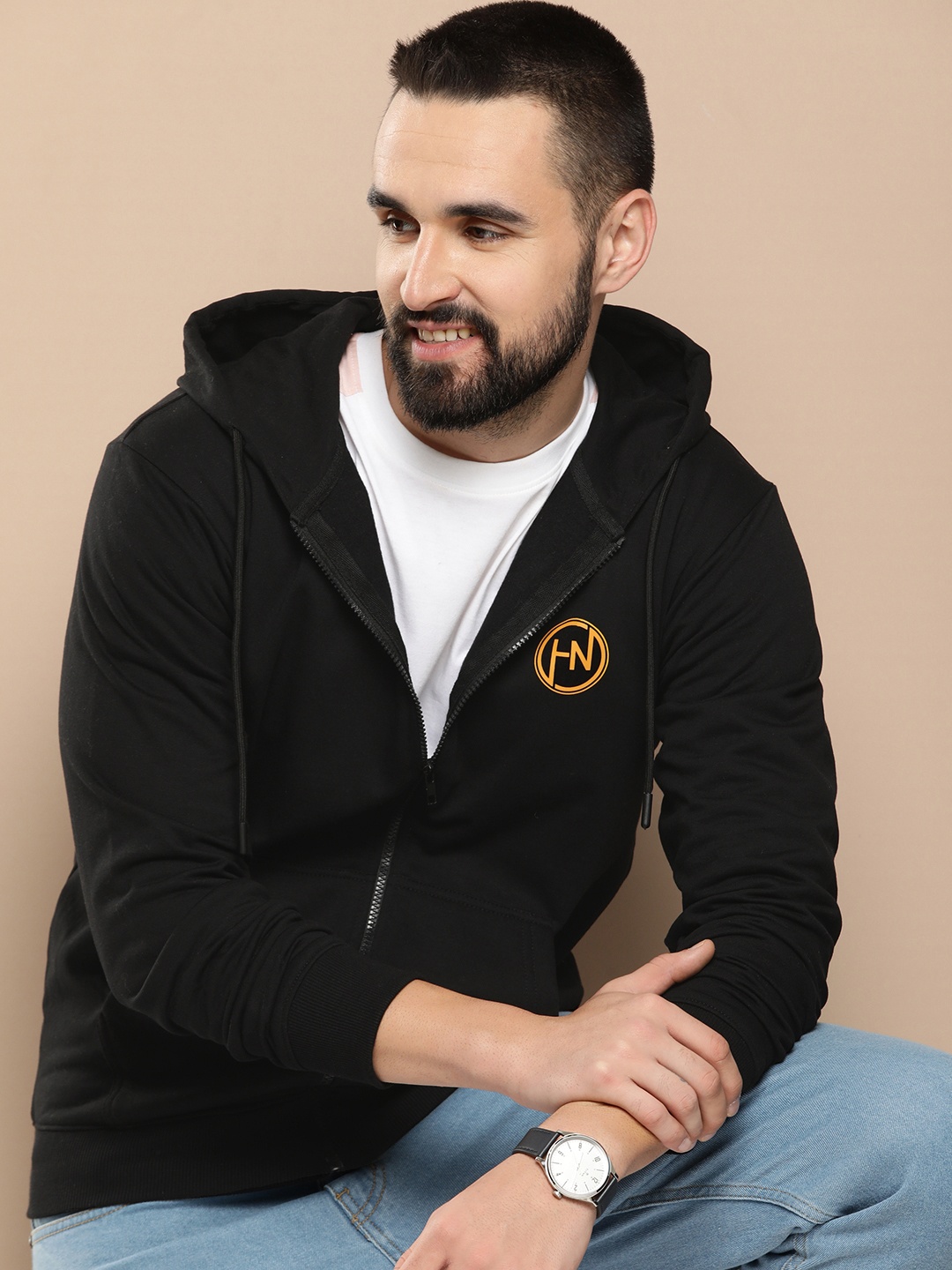 

HERE&NOW Brand Logo Printed Front Open Hooded Sweatshirt, Black