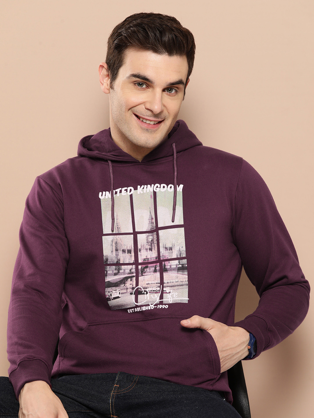 

HERE&NOW Graphic Printed Hooded Sweatshirt, Burgundy