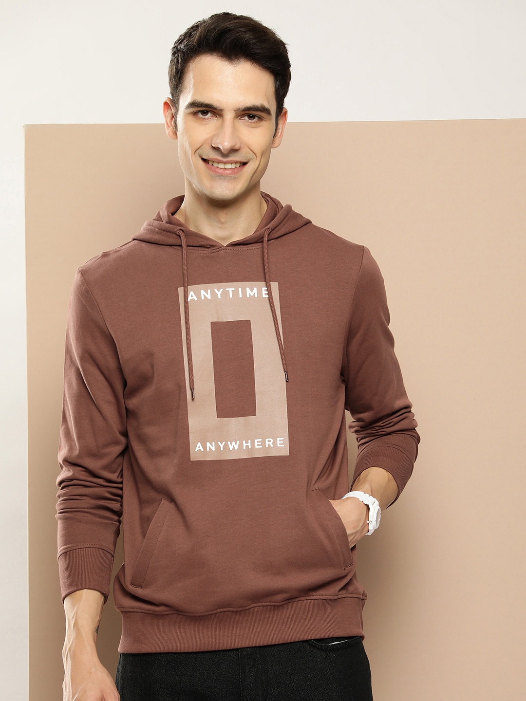 

HERE&NOW Pure Cotton Typography Printed Hooded Sweatshirt, Brown