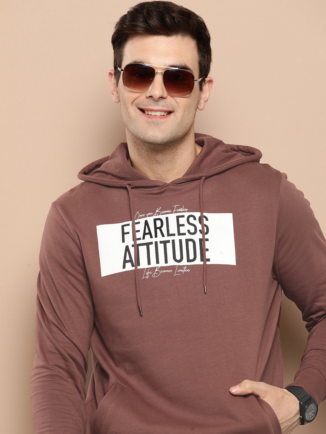 

HERE&NOW Printed Cotton Hooded Sweatshirt, Brown