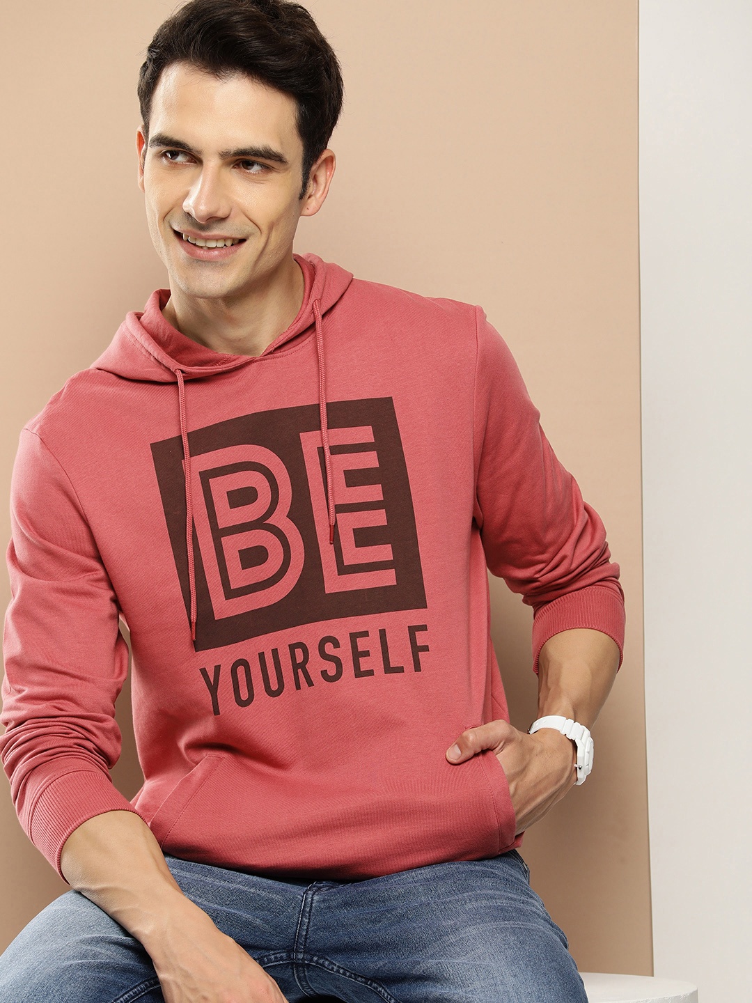 

HERE&NOW Typography Printed Pure Cotton Hooded Sweatshirt, Coral