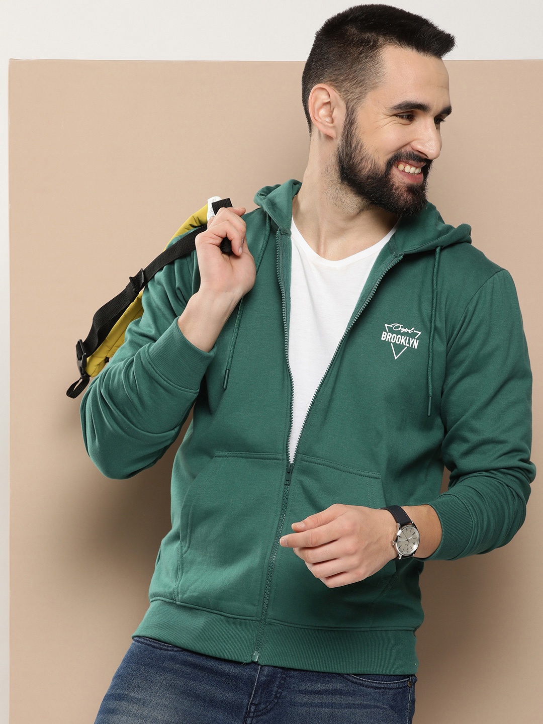 

HERE&NOW Solid Hooded Front-Open Sweatshirt, Green