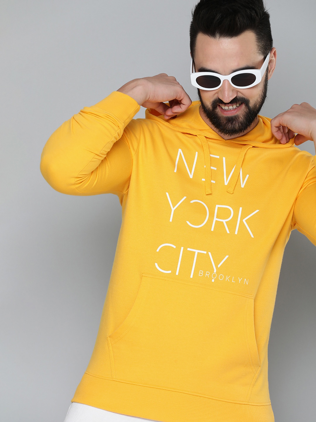 

HERE&NOW Men Pure Cotton Printed Hooded Sweatshirt, Yellow