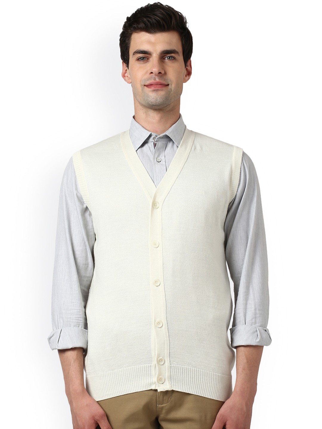 

ColorPlus Men Cream-Coloured Solid Sweater Vest