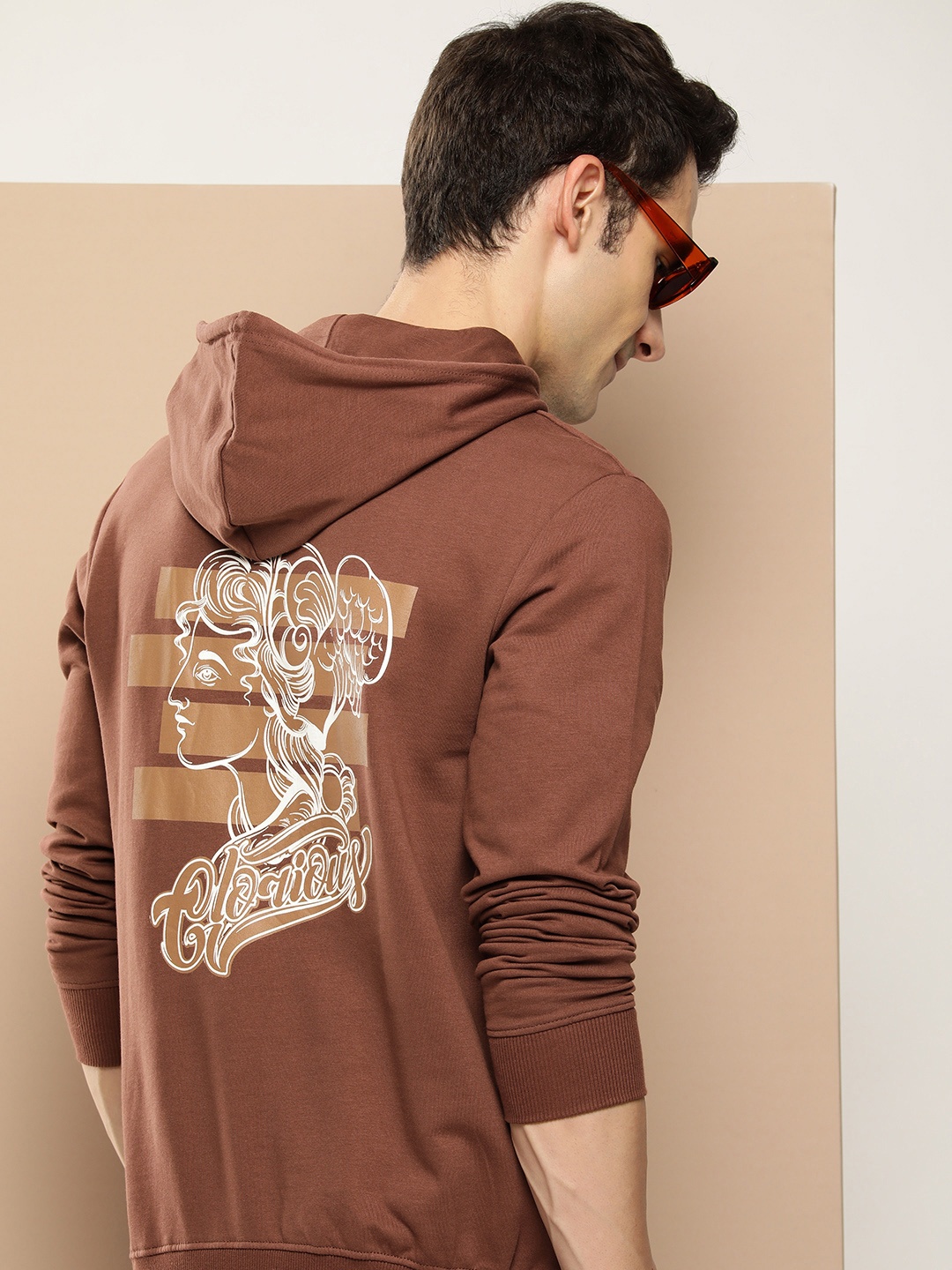 

HERE&NOW Graphic Printed Pure Cotton Hooded Sweatshirt, Brown