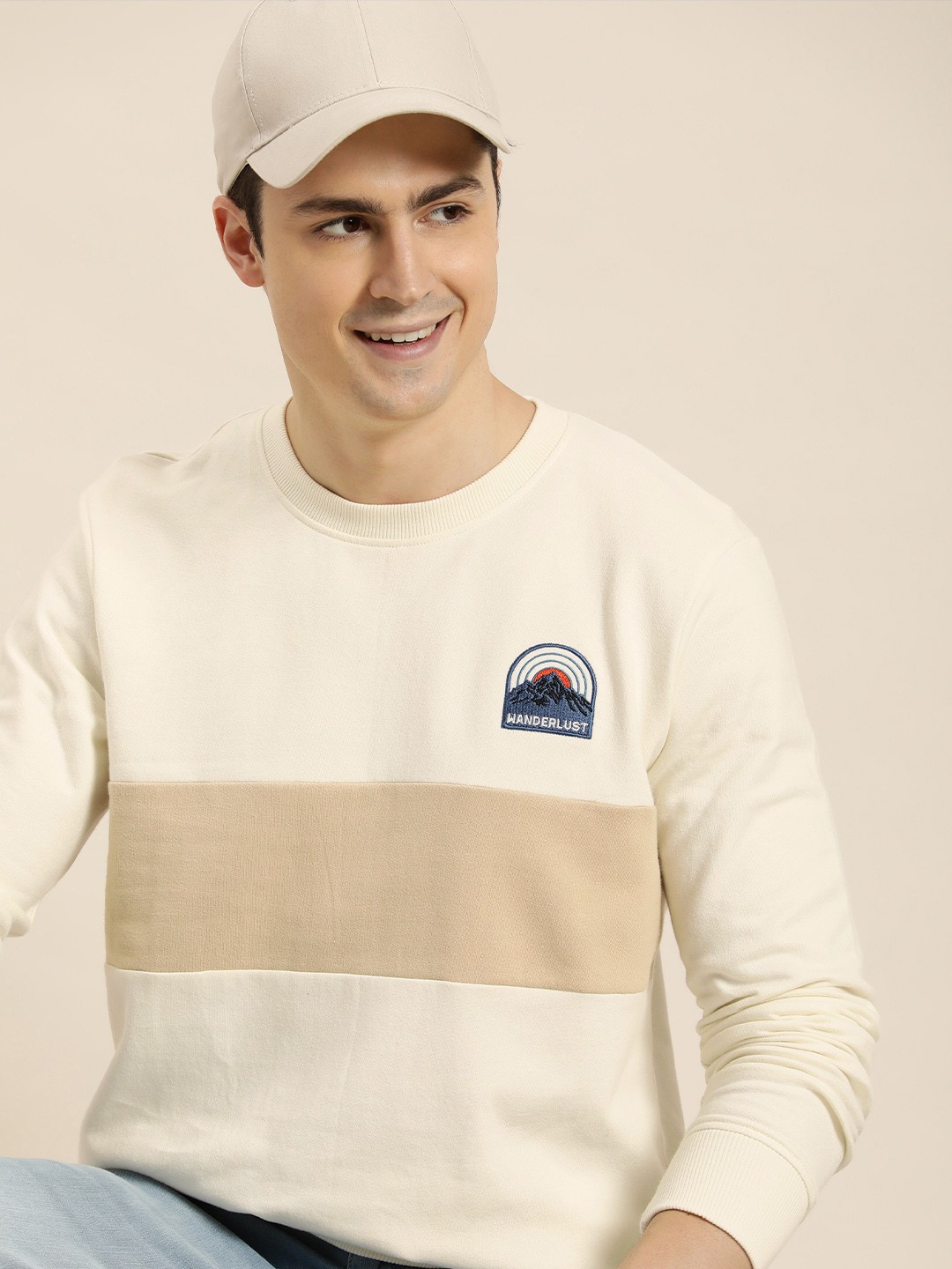 

HERE&NOW Men Pure Cotton Colourblocked Sweatshirt, Cream