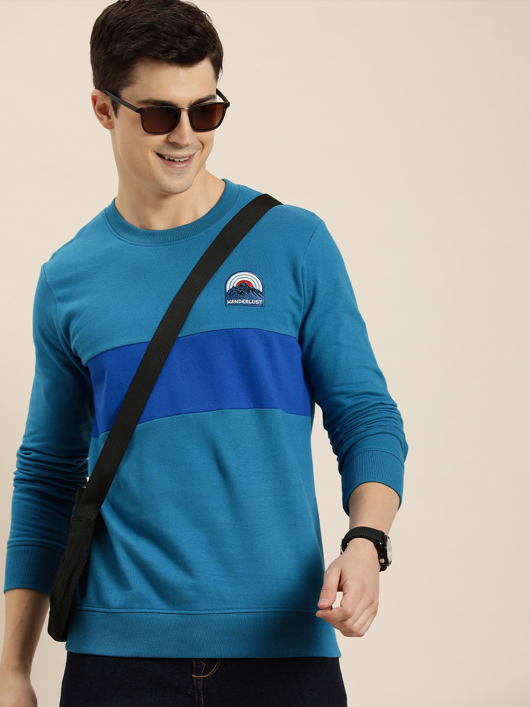 

HERE&NOW Men Pure Cotton Colourblocked Sweatshirt, Teal