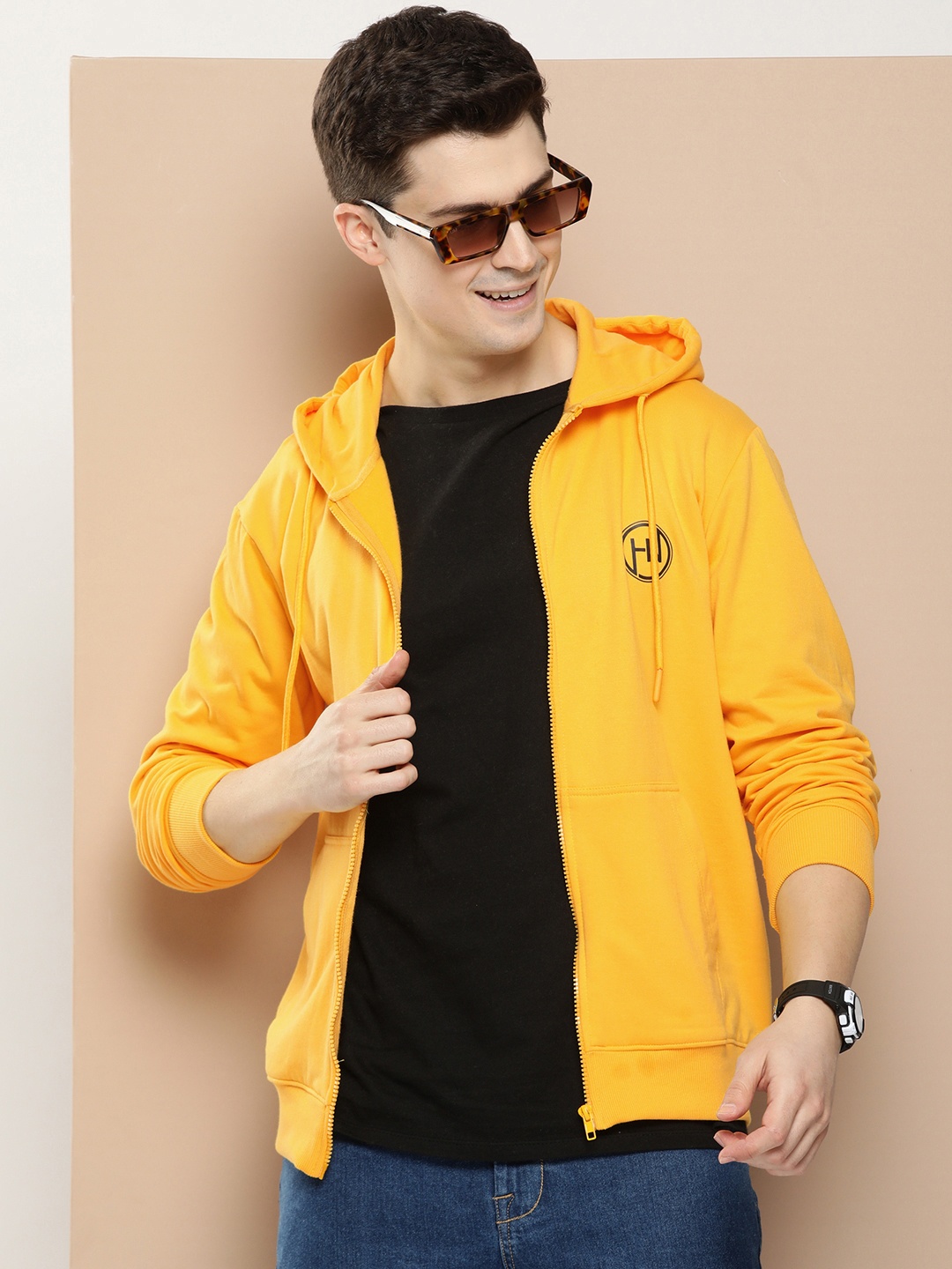 

HERE&NOW Solid Hooded Front-Open Sweatshirt, Yellow