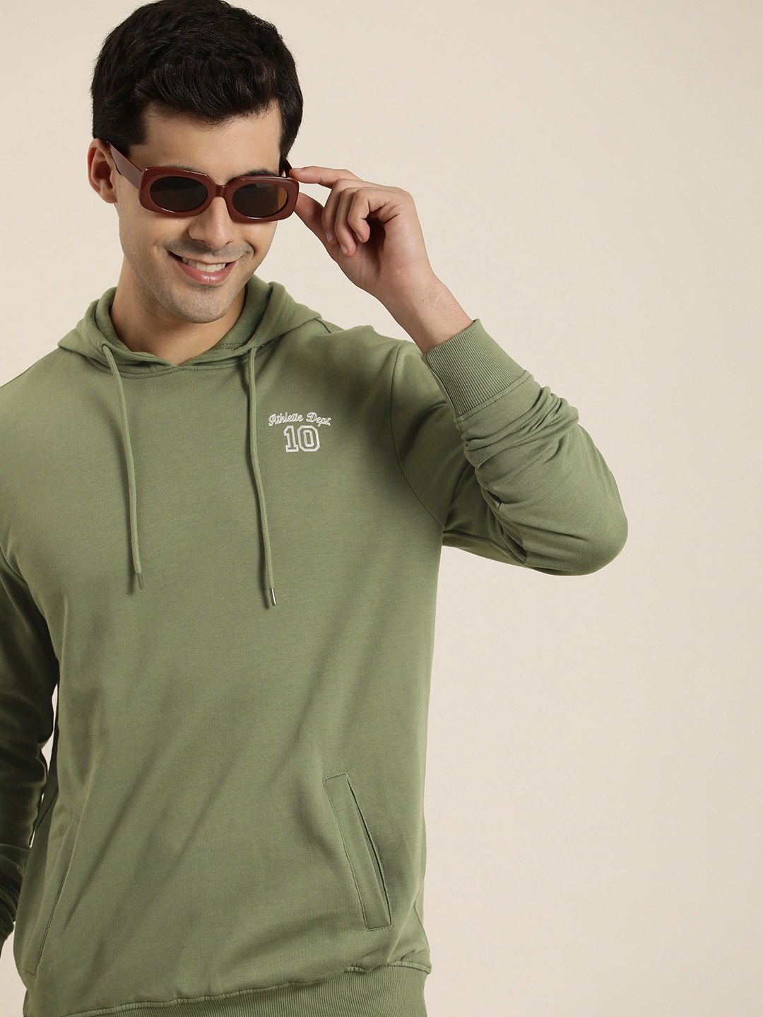 

HERE&NOW Pure Cotton Printed Hooded Sweatshirt, Olive