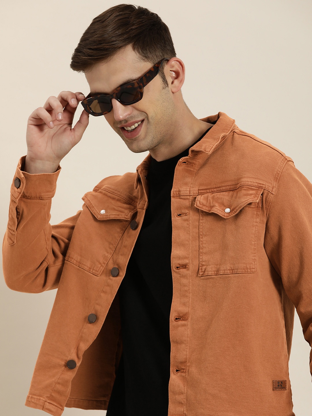 

HERE&NOW Solid Regular Denim Trucker Jacket, Brown