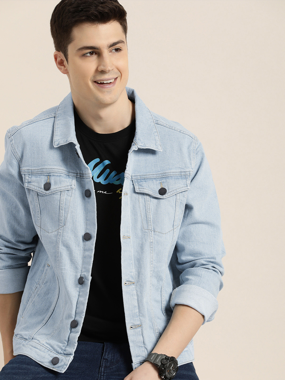 

HERE&NOW Solid Spread-Collar Denim Jacket, Blue