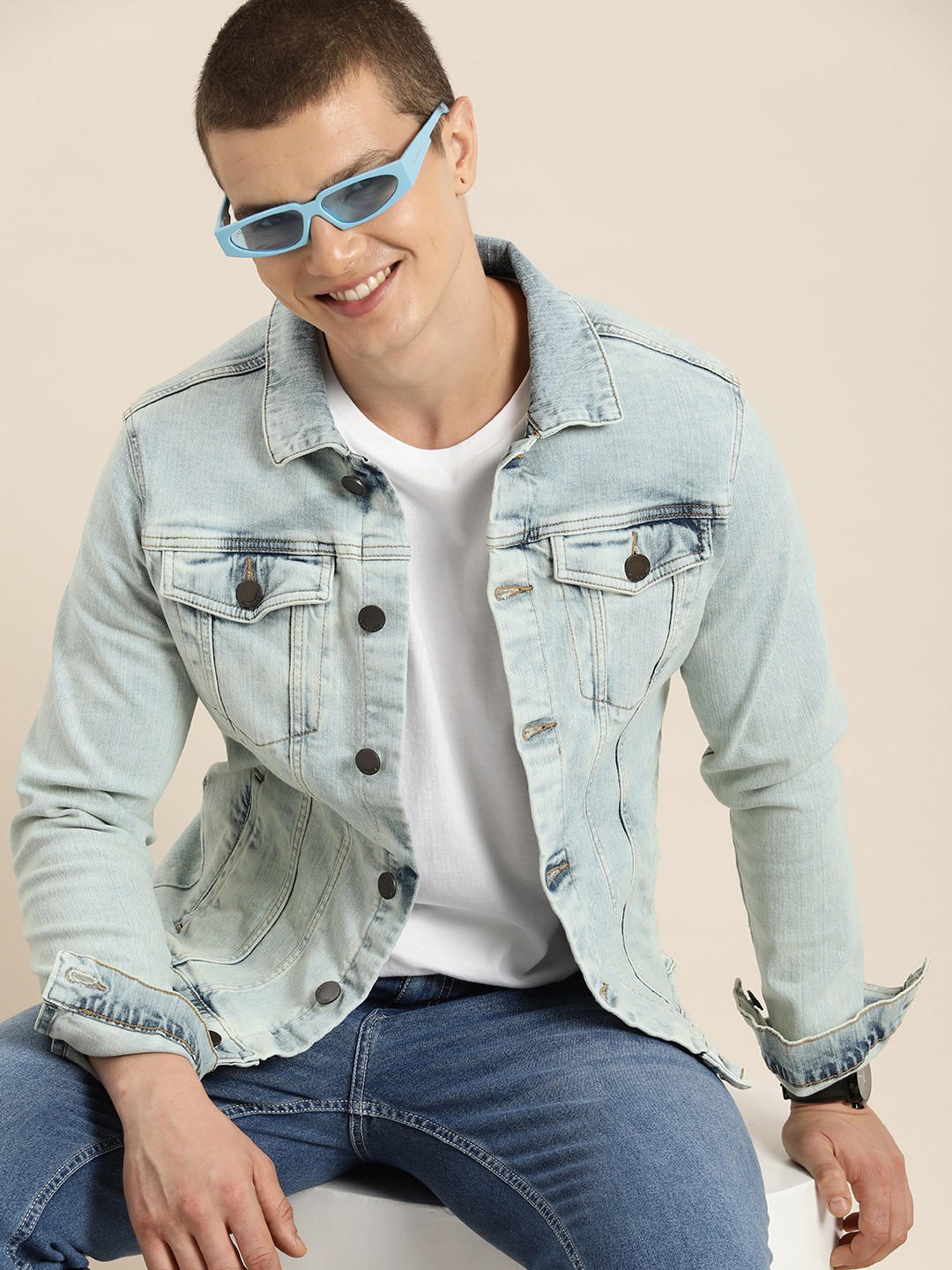 

HERE&NOW Spread Collar Long Sleeves Washed Denim Jacket, Blue