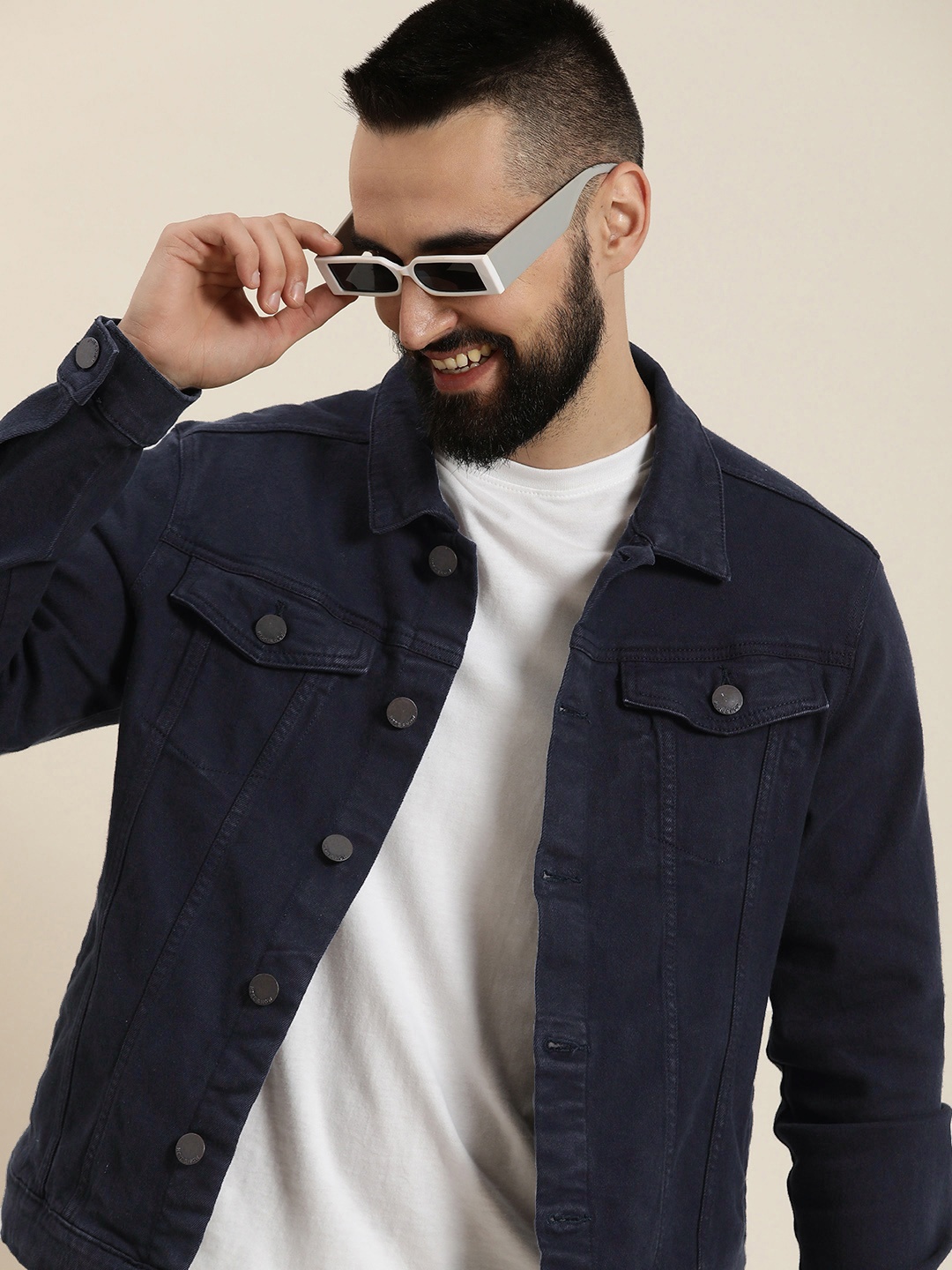 

HERE&NOW Solid Regular Denim Trucker Jacket, Navy blue