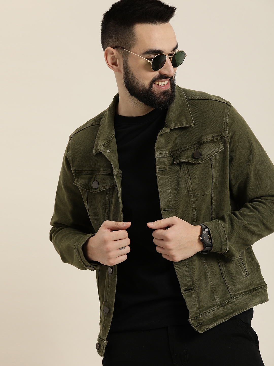 

HERE&NOW Solid Spread Collar Denim Jacket, Olive