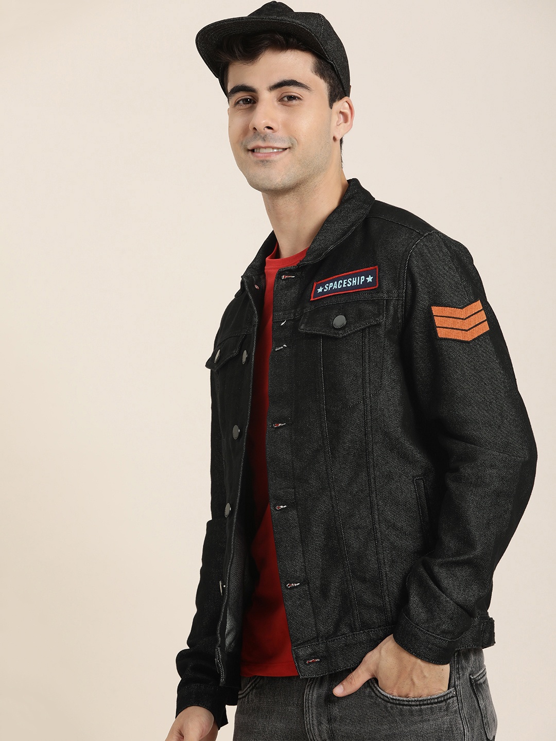 

HERE&NOW Denim Truckers with Applique, Black