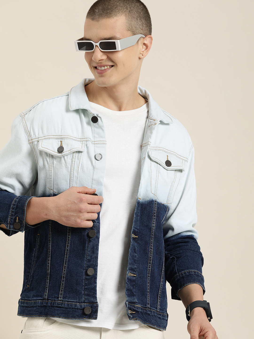 

HERE&NOW Spread Collar Tie and Dye Denim Jacket, Blue