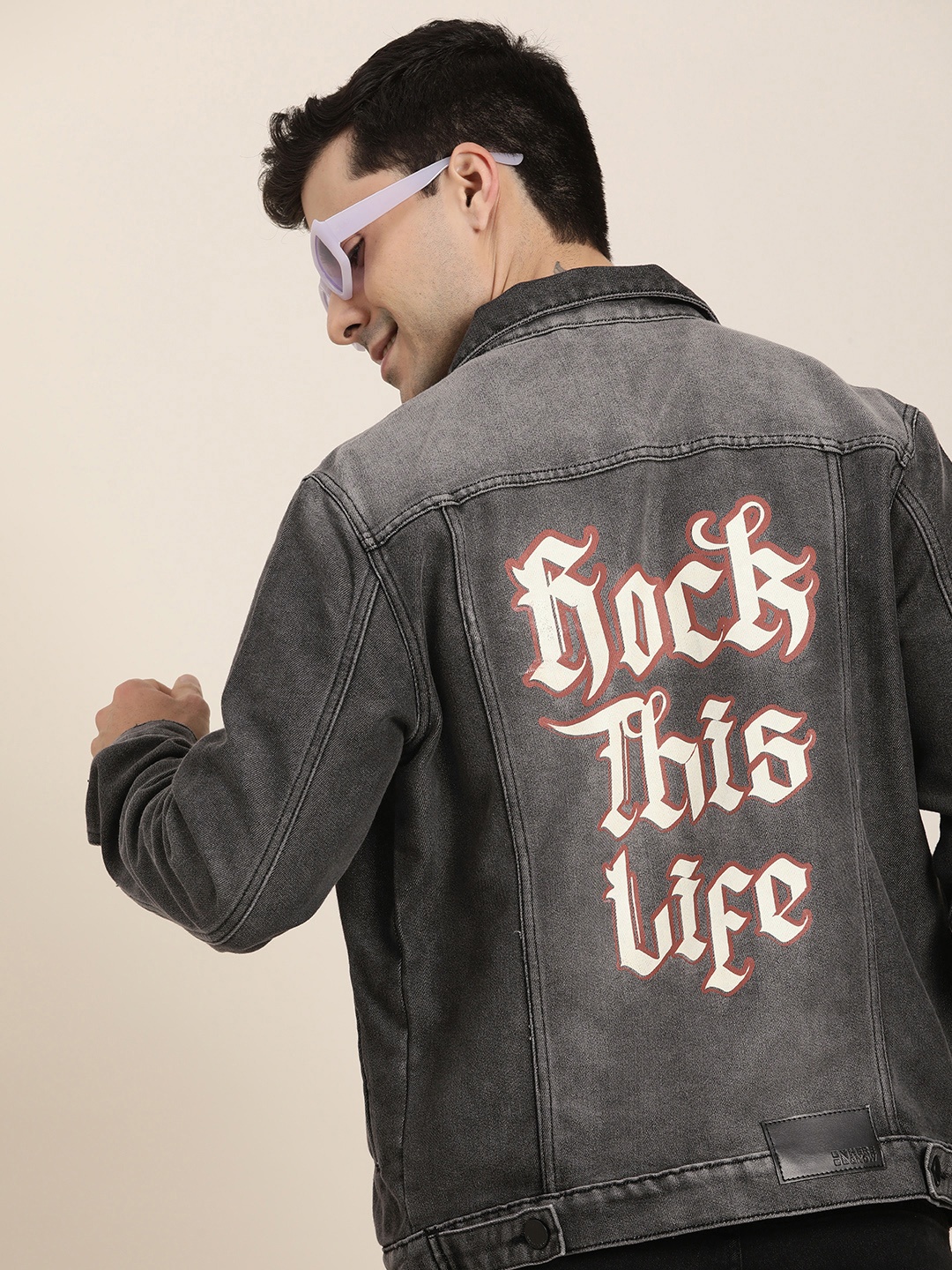 

HERE&NOW Typography Printed Denim Truckers, Grey