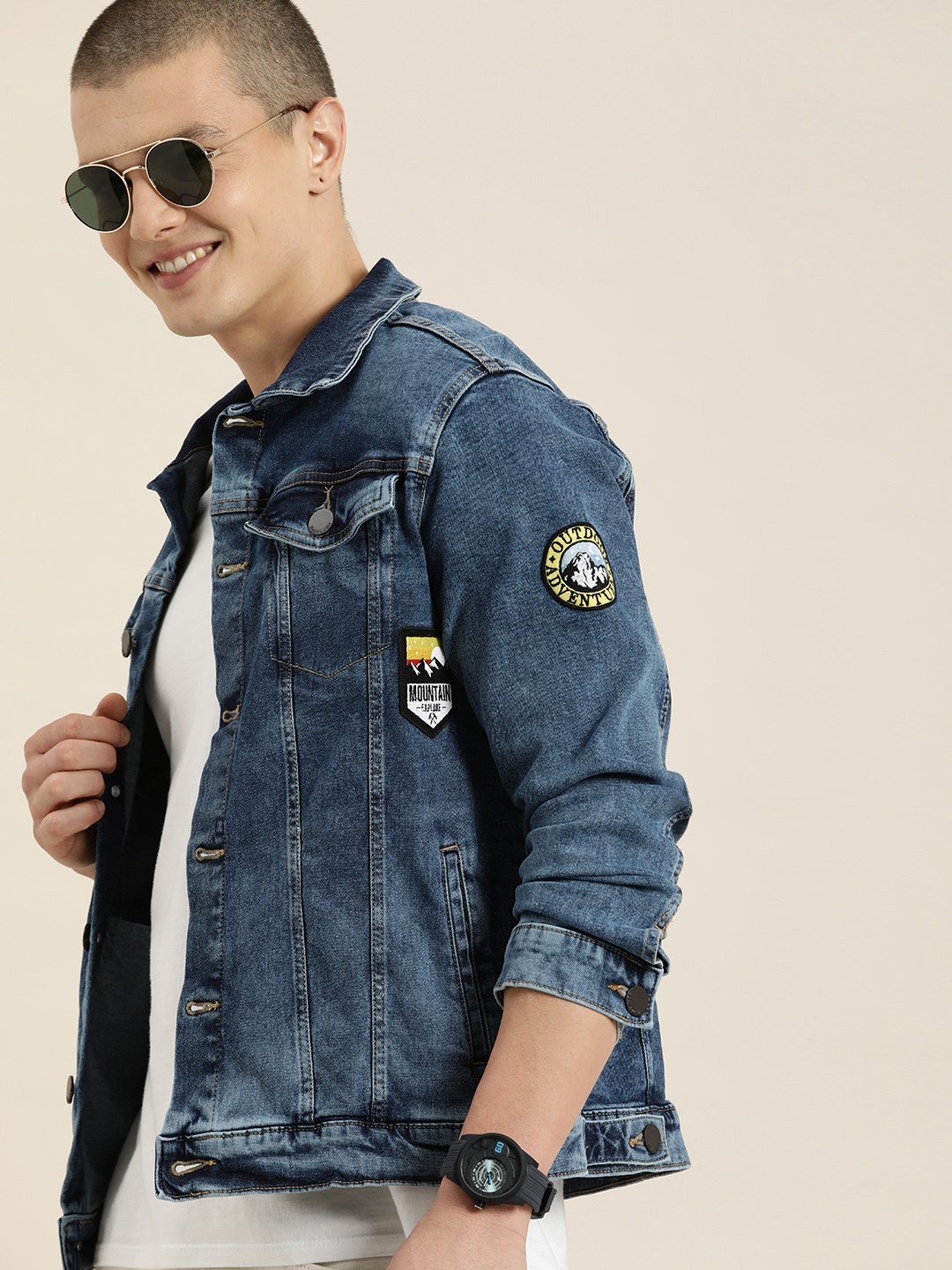 

HERE&NOW Solid Spread Collar Patch Work Detailed Denim Jacket, Blue