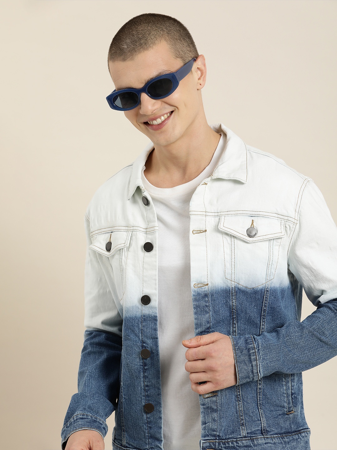 

HERE&NOW Spread Collar Tie and Dye Denim Jacket, Blue
