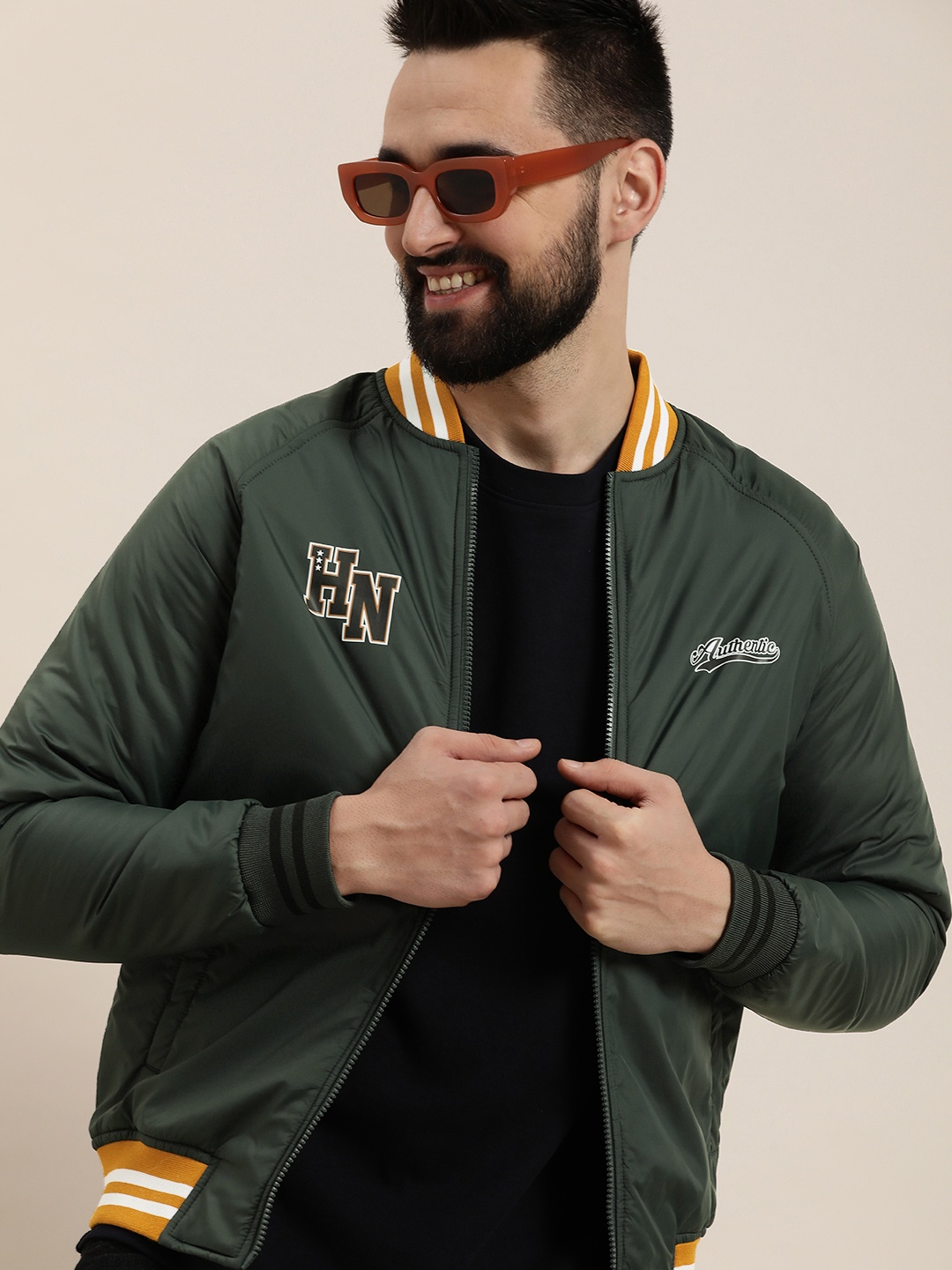 

HERE&NOW Solid With Minimal Print Long Sleeves Varsity Jacket, Green