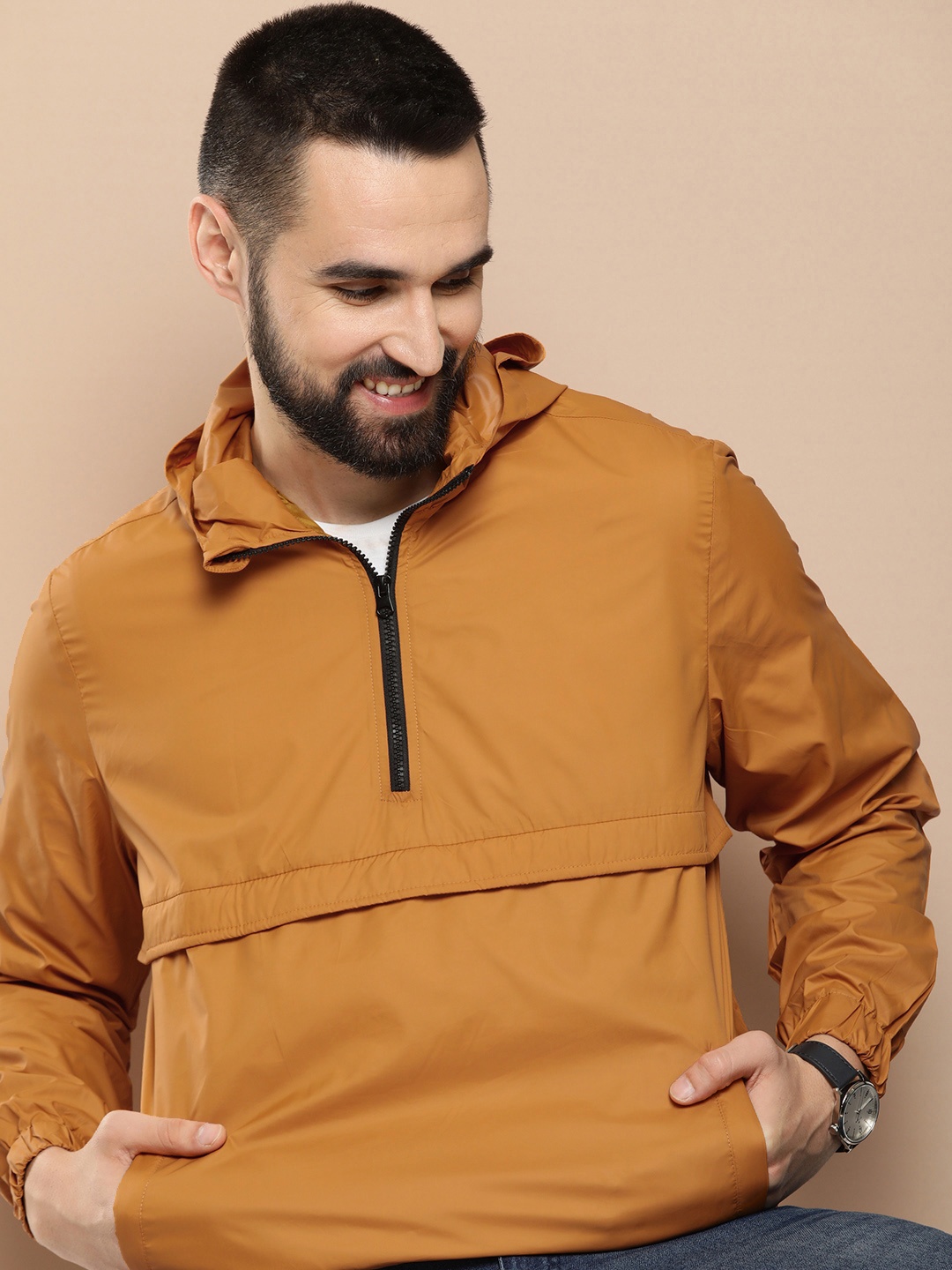 

HERE&NOW Solid Hooded Sporty Jacket, Mustard