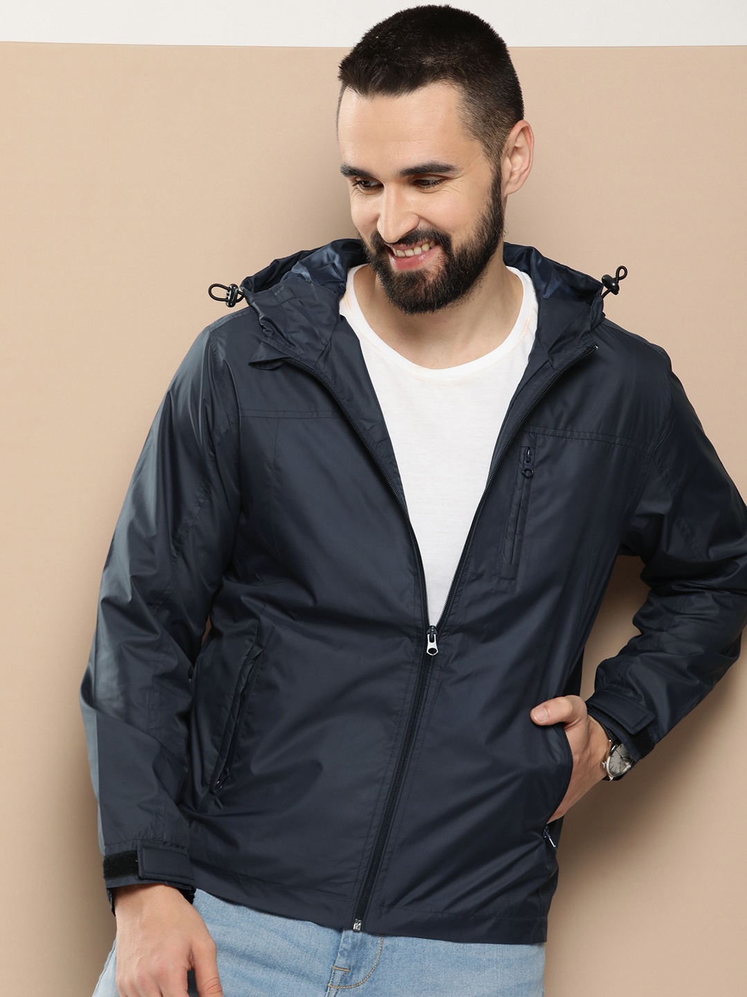 

HERE&NOW Solid Hooded Tailored Jacket, Navy blue