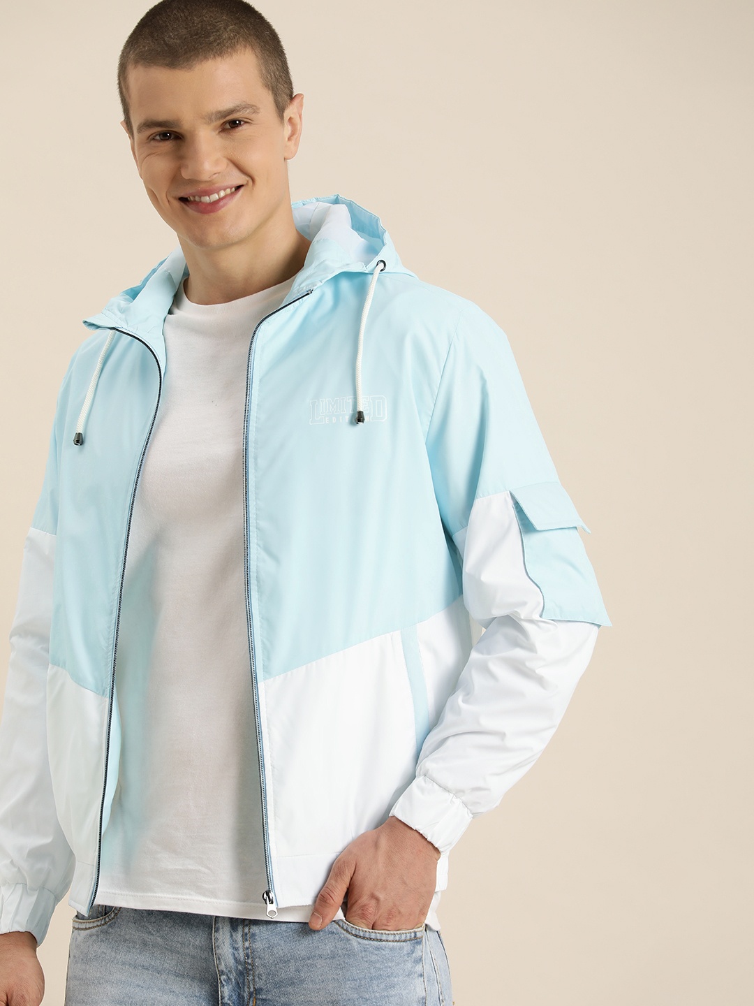 

HERE&NOW Colourblocked Tailored Hooded Casual Jacket, Blue